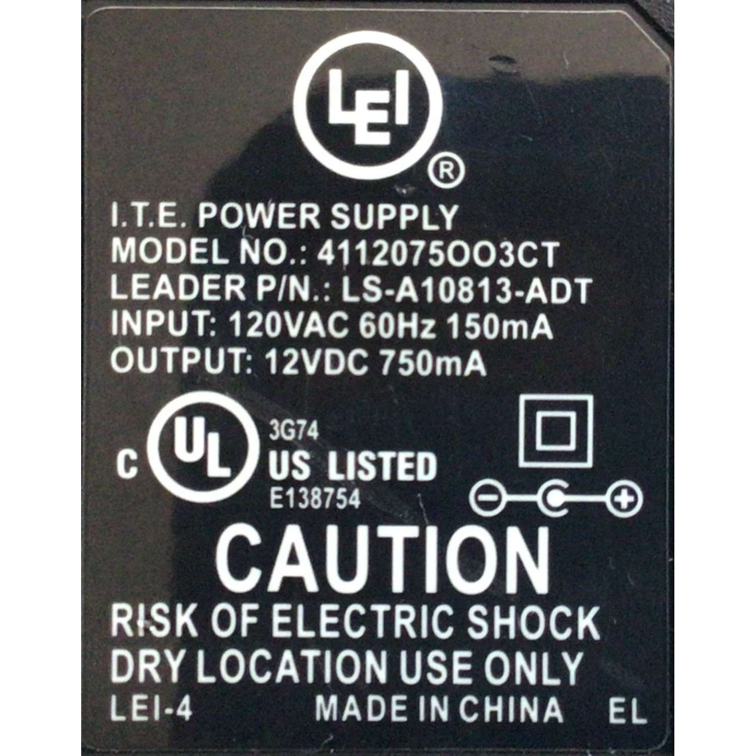 CARGADOR / ADAPTADOR DE FUENTE DE ALIMENTACION LEI I.T.E VCA-VCD / NUMERO DE PARTE LS-A10813-ADT / E138754 / ENTRADA VCA 120VAC 60HZ 150MA / SALIDA VCD 12VDC 750MA / MODELO 4112075OO3CT - Imagen 2
